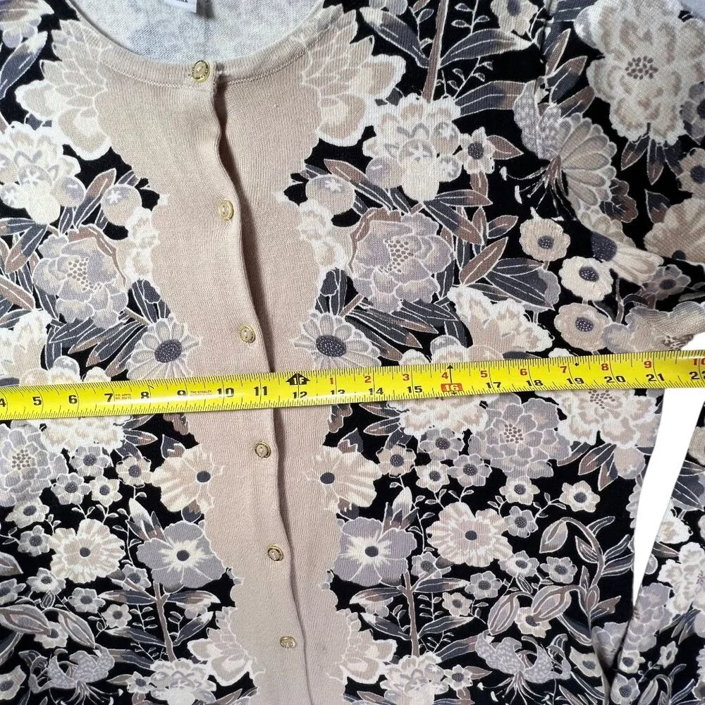 NWOT Isaac Mizrahi Live Floral Button Down Cardigan L Beige Black Womens Sweater - Picture 11 of 11